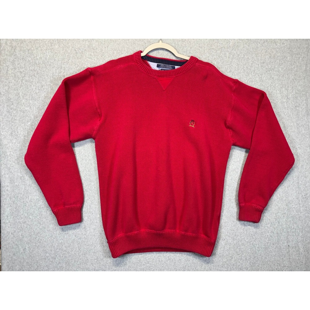 Tommy Hilfiger Mens Red Cotton Knit Crewneck Sweater Crest Logo Large